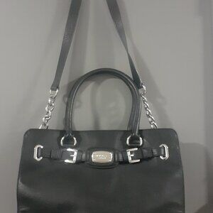 Michael Kors Black Leather Handbag with Chain and Buckle Accents